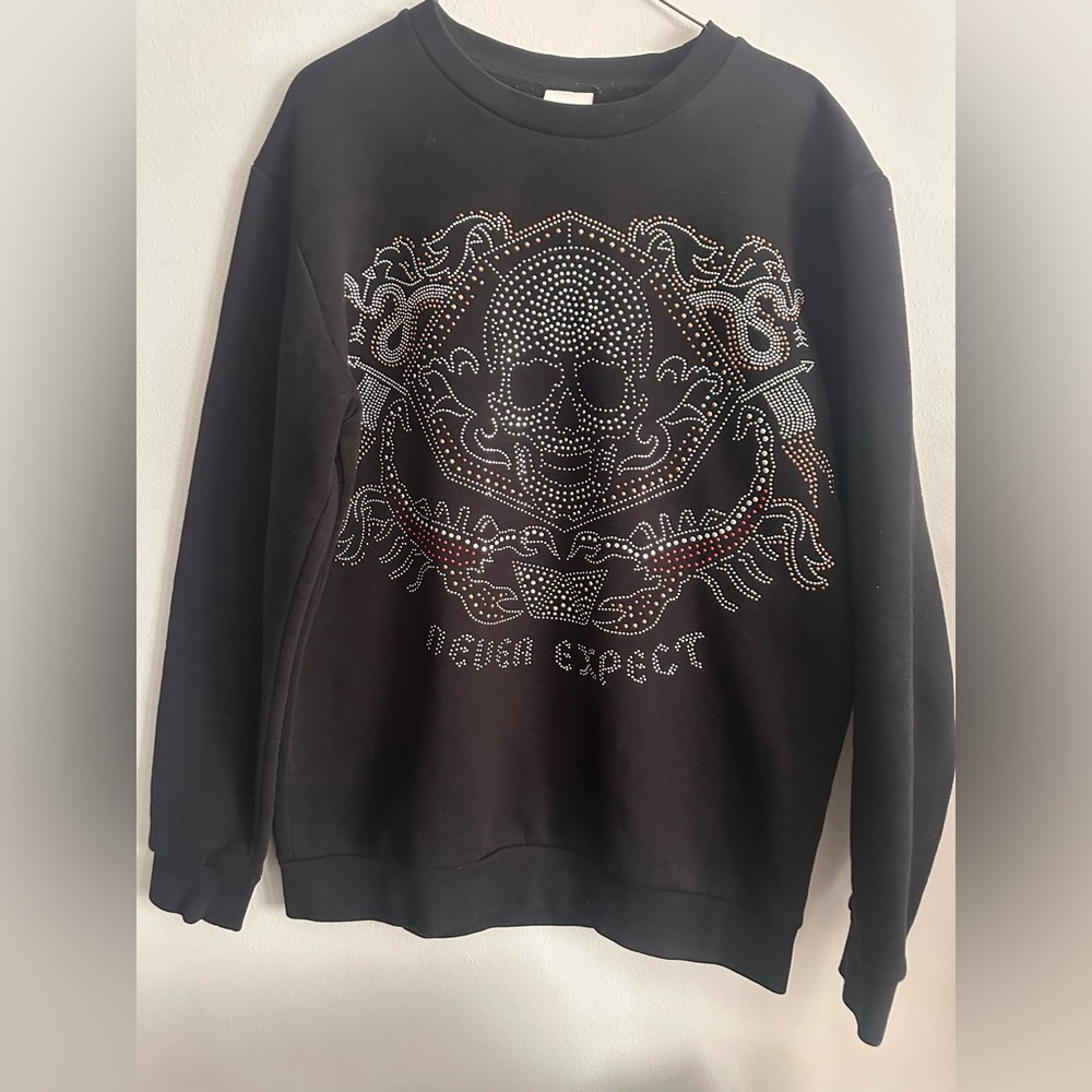 Zara Diamond Skull Sweatshirt L Black Rhinestone Studded Graphic Pullover Rare
